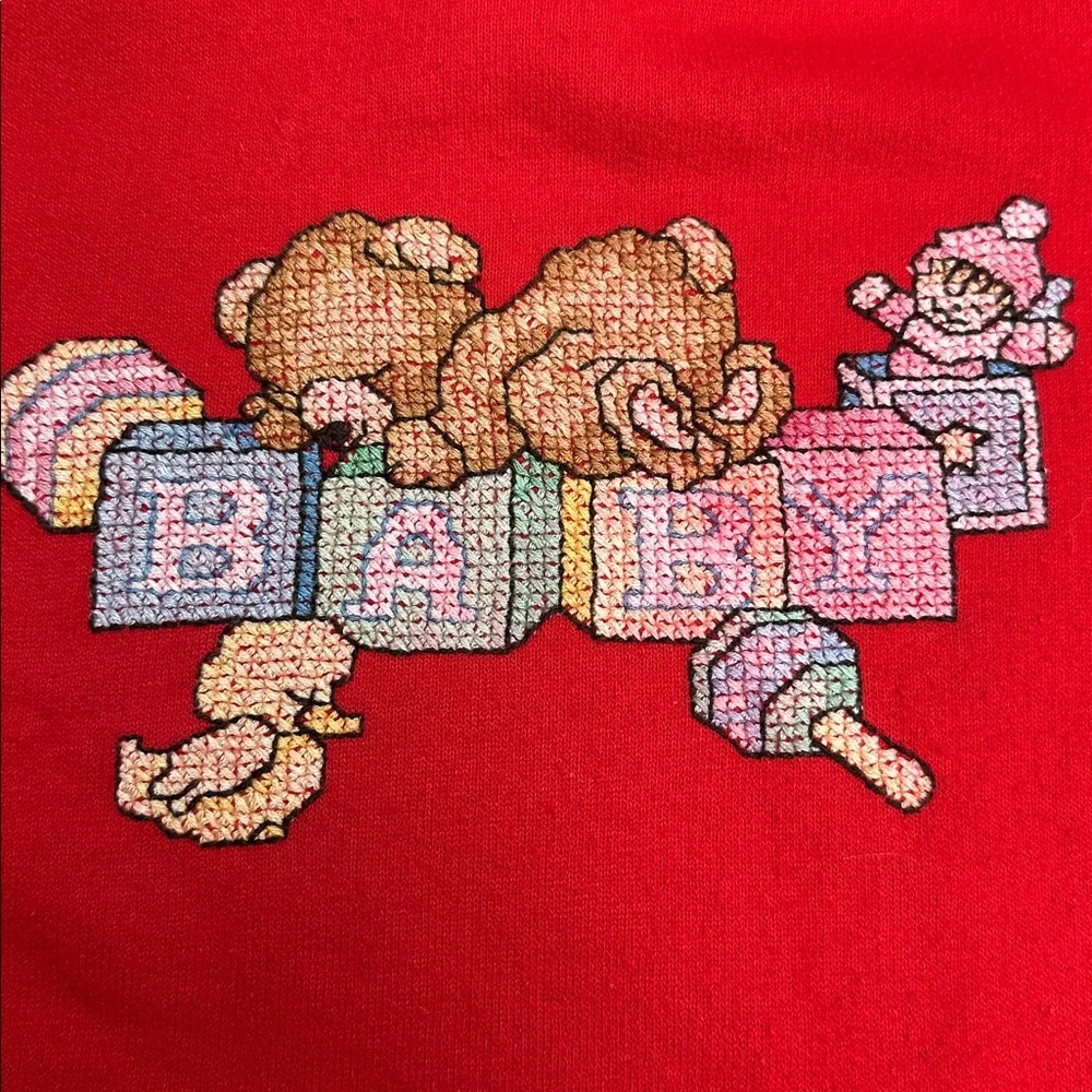 Vintage rabbit skins Red Baby One Piece cross stitch embroidered fleece onesie 6